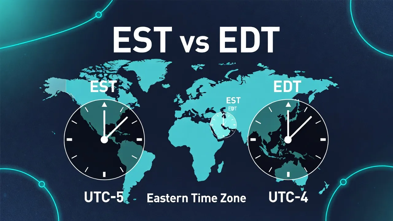 EST vs EDT time zone difference infographic showing UTC-5 and UTC-4 offsets for Eastern Standard Time and Eastern Daylight Time