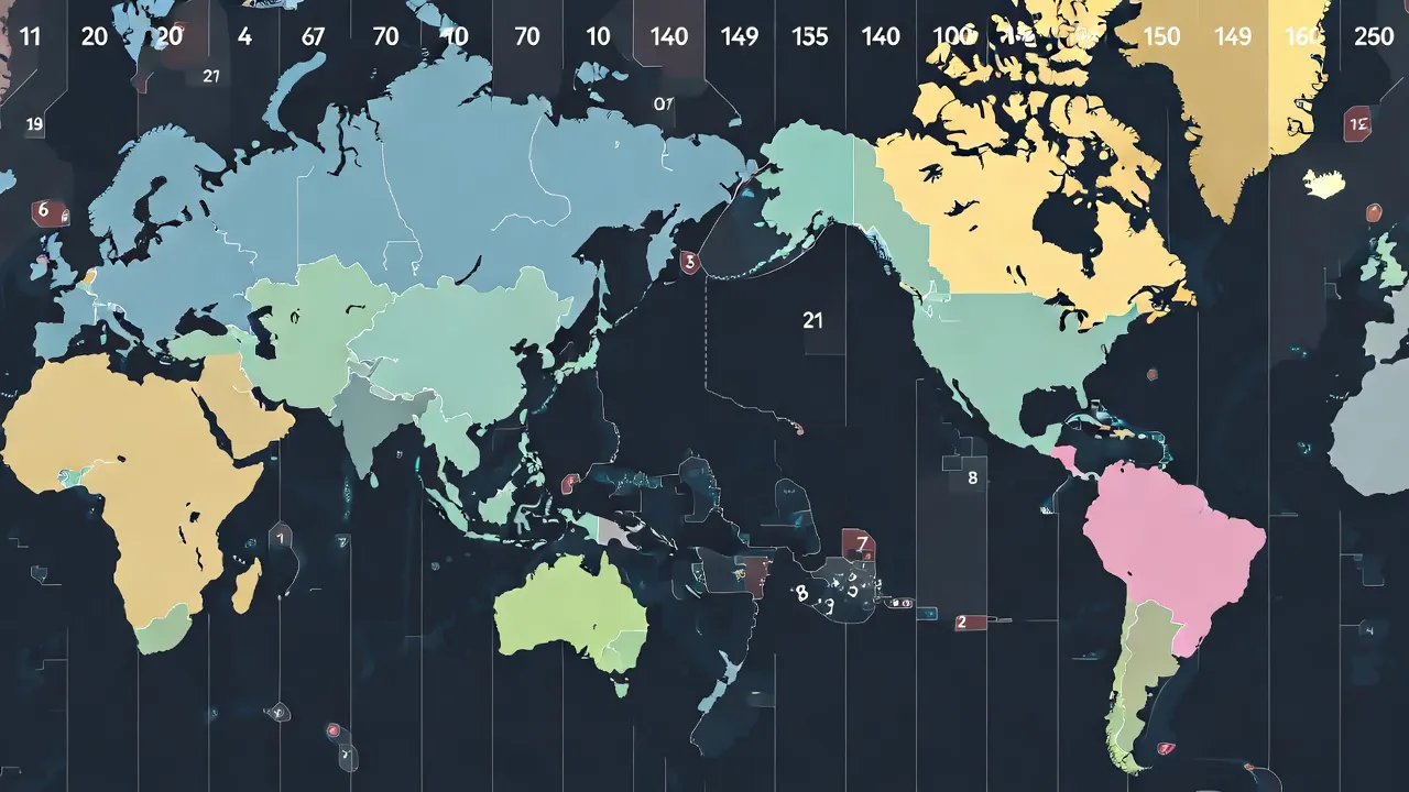 World time zone map showing all 38 global time zones with UTC offsets and International Date Line
